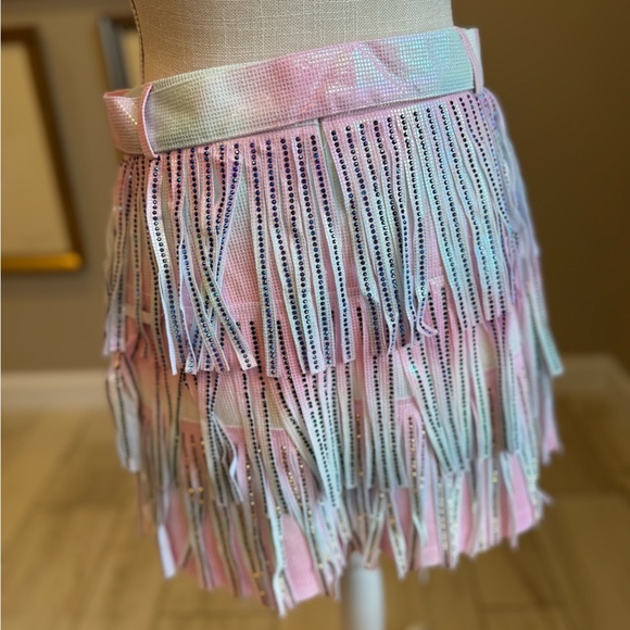 New! QUEEN OF SPARKLES Rhinestone Leather Fringe Pastel Mini Skirt - Picture 6 of 12